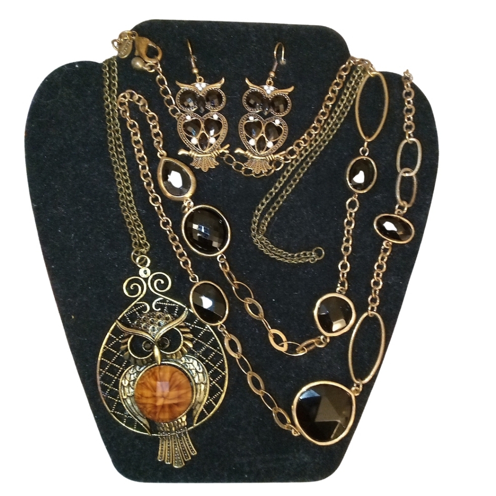 Chicos Vintage Necklace Earrings Owl Statement Bundle Brass Black Rhinestone